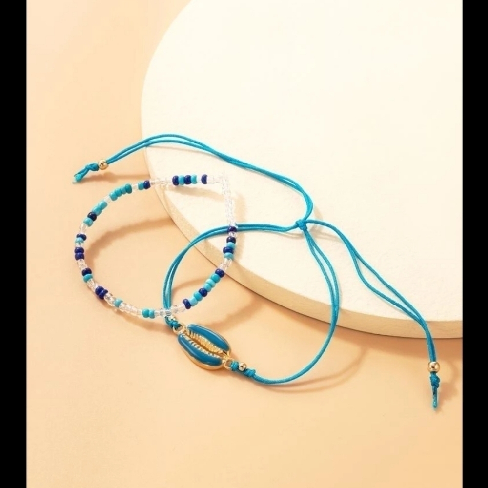 Blue Puka Shell Anklet & Turquoise Mini Beads Anklet - Picture 3 of 5